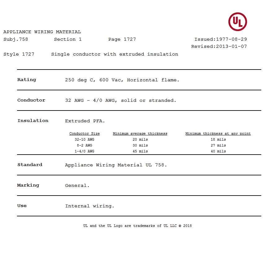 美國UL 1727 鐵氟龍電線認證報告（gào） 