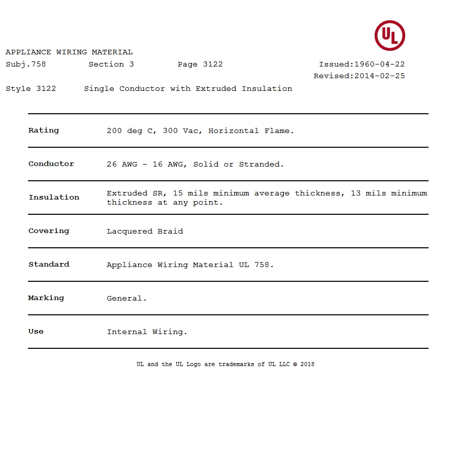 美國UL 3122 矽膠電線認證報告 