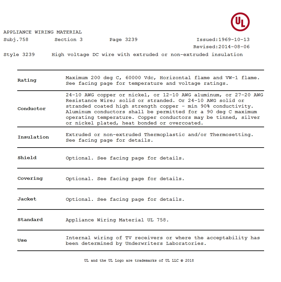 美國UL 3239 高壓矽（guī）膠電線認證報告 