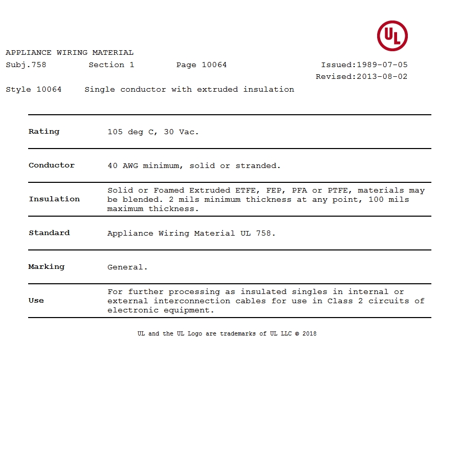 美國UL 10064 鐵（tiě）氟龍電線認證報告 